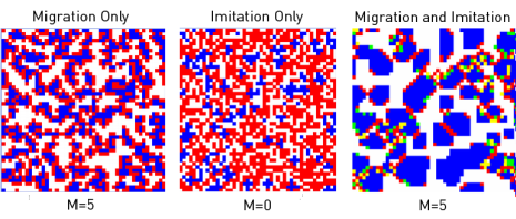 (B) Prisoner's dilemma according to Nowak and May with P11 = R = 1, P12 = S = 0, P21 = T = 1.4, P22 = P = 0. (B) Prisoner's dilemma according to Nowak and May with P11 = R = 1, P12 = S = 0, P21 = T = 1.4, P22 = P = 0.