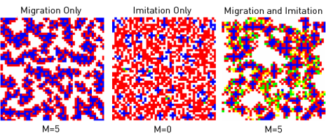 (G) P11=0.59, P12 = 0.18, P21 = 1, P 22= 0, corresponding to a snowdrift game with "cost-to-benefit ratio" r = 0.7.
