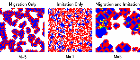 (M) P11 = R = 1, P12 = S = 0, P21 = T = 1.4, P22 = P = 0, as in L,  but update rule is  reversed, i.e. an individual first imitates, then migrates. 